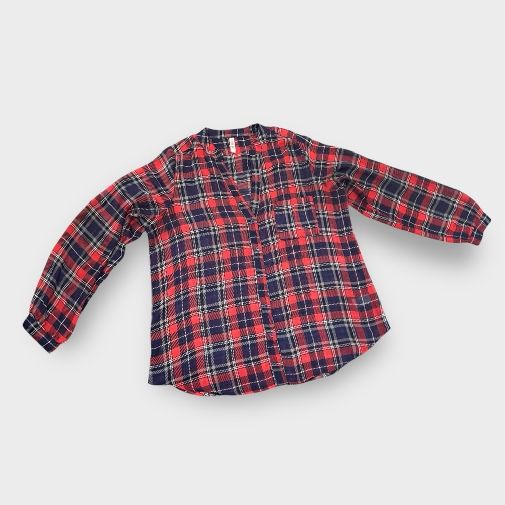 Red Navy Plaid Sheer V-Neck Blouse | Xhilaration Size XL